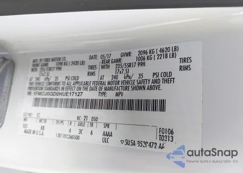 2017 Ford Escape Se from USA, damaged, VIN 1FMCU0GD0HUE17127